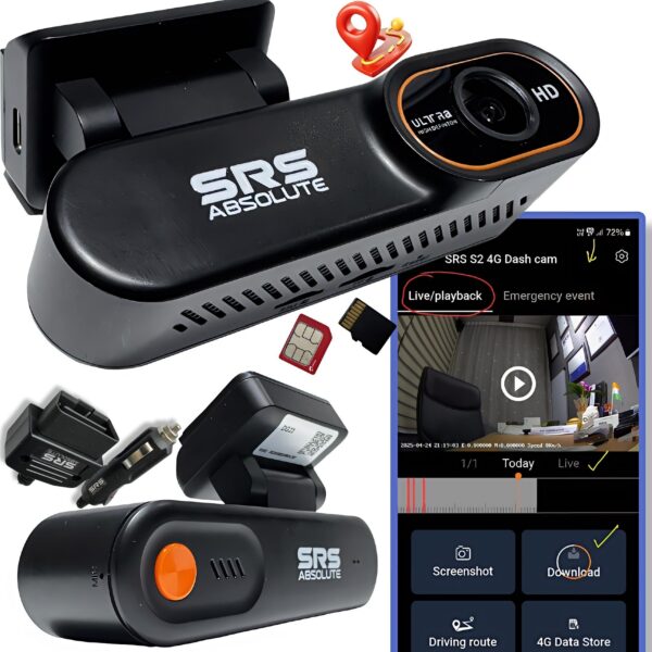 SRSABSOLUTE 2K 4G Dash Cam GPS+LiveVideo TimeLapse Loop Record GSensor GeoFence SOS Parking Monitor SIM MicroSD Supp upto 1TB (S24Gen3)